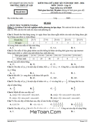 Đề thi giữa học kì 1 môn Toán 11 năm 2025 - 2026 trường THPT Lê Lợi - Quảng Ngãi
