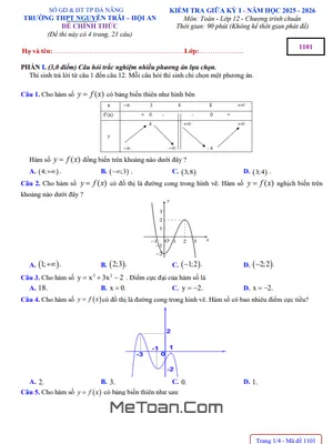 Đề Thi Giữa Kỳ 1 Toán 12 Năm 2025-2026 THPT Nguyễn Trãi - Đà Nẵng (Có Đáp Án)