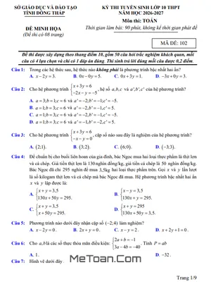 Đề minh họa tuyển sinh lớp 10 môn Toán năm 2026 – 2027 sở GD&ĐT Đồng Tháp