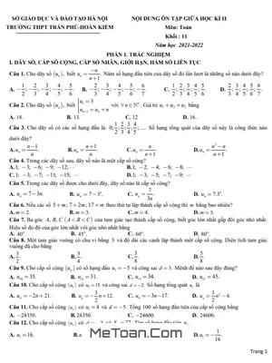 Ôn Tập Giữa Kì 2 Toán 11 Năm 2021 - 2022 Trường THPT Trần Phú - Hà Nội