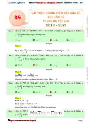 38 Bài Toán Đường Tiệm Cận Của Đồ Thị Hàm Số Trong Đề Thi THPT Môn Toán (2016 - 2021)