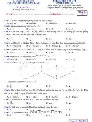 Đề thi học kỳ 1 Toán 12 năm 2020 - 2021 trường Lương Đắc Bằng - Thanh Hóa (có đáp án)