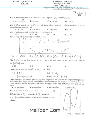Đề thi học kỳ 1 Toán 12 năm 2017 - 2018 Sở GD&ĐT Bến Tre - Có đáp án