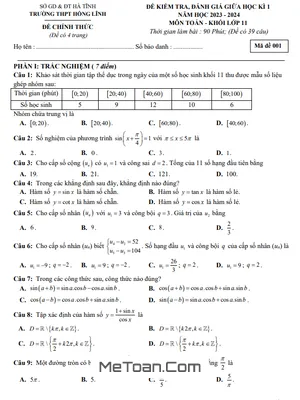 Đề Thi Giữa Kì 1 Toán 11 Năm 2023 - 2024 Trường THPT Hồng Lĩnh - Hà Tĩnh