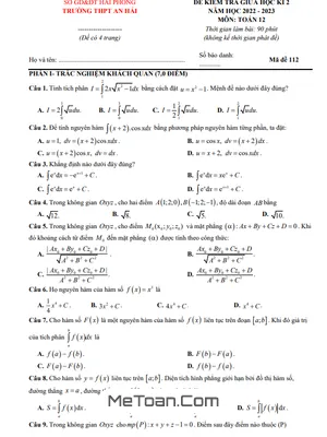 Đề thi giữa kì 2 Toán 12 năm 2022-2023 trường THPT An Hải - Hải Phòng