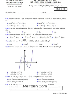 Đề khảo sát Toán 12 lần 3 năm 2023 – 2024 trường THPT Yên Lạc – Vĩnh Phúc
