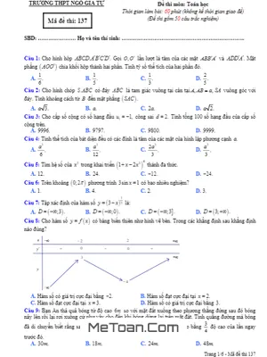Đề thi KSCĐ Toán 12 lần 1 năm 2019 – 2020 trường Ngô Gia Tự – Vĩnh Phúc