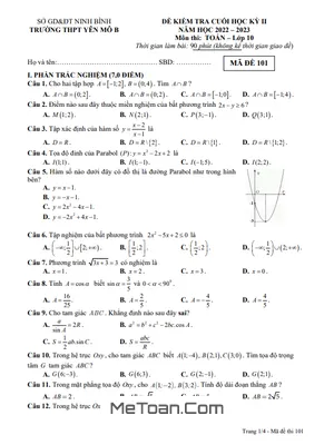 Đề thi học kỳ 2 Toán 10 năm 2022 - 2023 trường THPT Yên Mô B - Ninh Bình