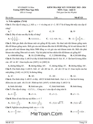 Đề thi học kỳ 1 Toán 11 năm 2023 - 2024 trường THPT Phan Ngọc Hiển - Cà Mau