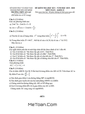 Đề thi học kì 1 Toán 11 năm 2019 - 2020 trường THPT An Lạc - TP HCM