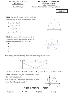 Đề kiểm tra giữa kì 1 Toán 12 năm 2021 - 2022 trường THPT Duy Tân - Kon Tum