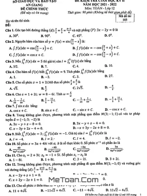 Đề thi học kỳ 2 Toán 12 năm 2021 - 2022 sở GD&ĐT An Giang (Mã đề 103)