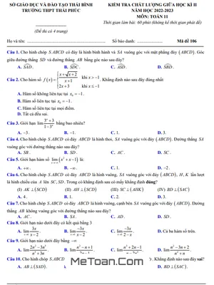 Đề Thi Giữa Học Kì 2 Môn Toán Lớp 11 Năm 2022 - 2023 Trường THPT Thái Phúc - Thái Bình