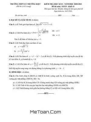 Đề thi học kì 2 môn Toán lớp 11 năm 2020 - 2021 trường THPT Lý Thường Kiệt - TP.HCM (có lời giải)