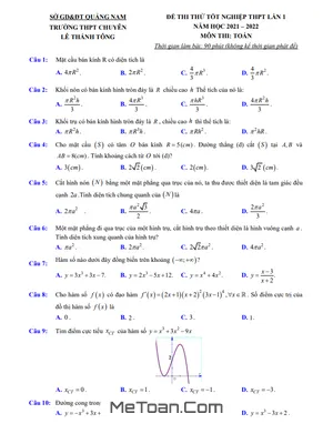 Đề thi thử Toán TN THPT 2022 lần 1 trường chuyên Lê Thánh Tông – Quảng Nam