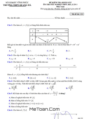 Đề khảo sát chất lượng môn Toán lớp 12 lần 1 năm 2021 trường THPT Quang Hà – Vĩnh Phúc