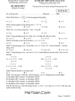 Đề thi thử THPT Quốc gia 2018 môn Toán sở GD&ĐT Bà Rịa – Vũng Tàu lần 2 có đáp án