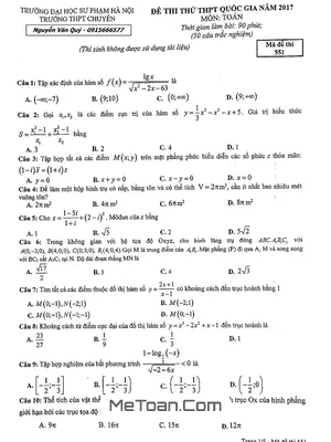 Đề thi thử THPT Quốc gia môn Toán trường THPT Chuyên Sư Phạm Hà Nội lần 5 - Năm 2017