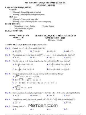 Đề Cương Ôn Thi Học Kì 1 Toán 10 Năm 2020 - 2021 Trường THPT Việt Đức - Hà Nội