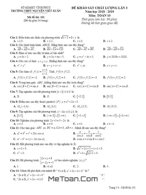 Đề KSCL Toán 10 Lần 3 Năm 2018 - 2019 Trường Nguyễn Viết Xuân - Vĩnh Phúc