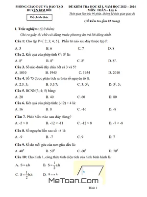 Đề thi học kì 1 Toán lớp 6 năm 2023 - 2024 phòng GD&ĐT Kim Bôi - Hòa Bình