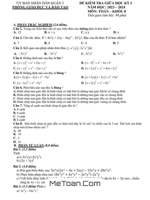 Đề Tham Khảo Giữa Kỳ 1 Toán 8 Năm 2023 - 2024 Trường THCS Hai Bà Trưng - TP HCM