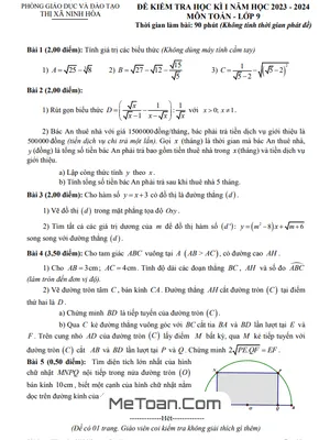 Đề thi học kì 1 Toán lớp 9 năm 2023 - 2024 phòng GD&ĐT Ninh Hòa - Khánh Hòa