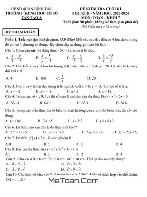 Đề Tham Khảo Cuối Kỳ 2 Toán 7 Năm 2023 - 2024 Phòng GD&ĐT Bình Tân - TP HCM