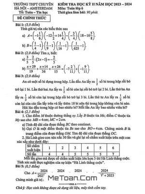 Đề thi học kỳ 2 Toán lớp 6 năm 2023 - 2024 trường THPT Chuyên Hà Nội - Amsterdam