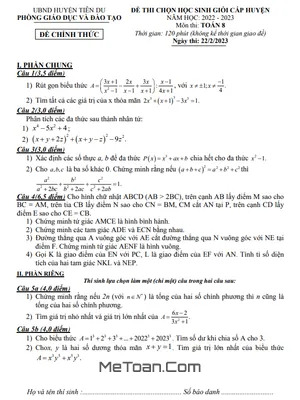 Đề thi học sinh giỏi huyện Toán 8 năm 2022 - 2023 phòng GD&ĐT Tiên Du - Bắc Ninh