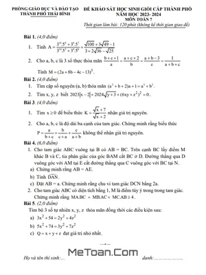 Đề khảo sát HSG Toán 7 năm 2023 - 2024 phòng GD&ĐT thành phố Thái Bình