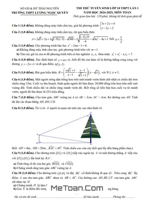 Đề thi thử Toán vào 10 lần 1 năm 2024 - 2025 trường Lương Ngọc Quyến - Thái Nguyên