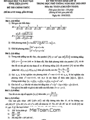 Đề Thi Tuyển Sinh Lớp 10 Chuyên Toán Sở GD&ĐT Tiền Giang Năm 2022 - 2023