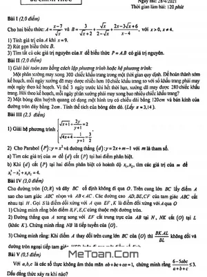 Đề thi thử Toán vào lớp 10 lần 4 năm 2020 - 2021 trường Nguyễn Du - Hà Nội