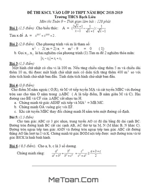 Đề thi KSCL vào lớp 10 THPT môn Toán năm 2018 - 2019 trường THCS Bạch Liêu - Nghệ An