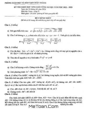 Đề thi HSG Toán 9 năm 2022 - 2023 phòng GD&ĐT Châu Thành, Bến Tre