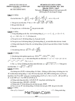 Đề thi học sinh giỏi huyện Toán 9 năm 2015 - 2016 phòng GD&ĐT Nho Quan - Ninh Bình