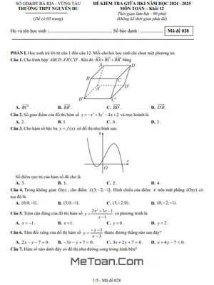 Đề giữa HK1 Toán 12 năm 2024 - 2025 trường THPT Nguyễn Du - BR VT