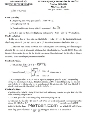 Đề Chọn Học Sinh Giỏi Toán 11 Năm 2025 – 2026 Trường THPT Phú Xuyên B – Hà Nội
