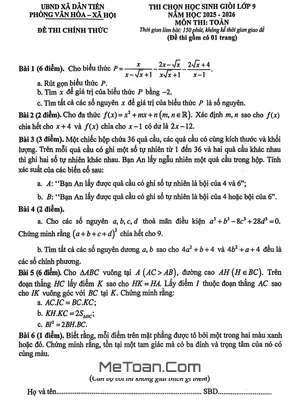 Đề thi chọn học sinh giỏi Toán 9 năm 2025 – 2026 xã Dân Tiến – Thái Nguyên