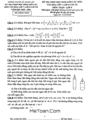 Đề Thi Chọn Học Sinh Giỏi Toán Lớp 8 Xã Xuân Lập - Thanh Hóa Năm 2025-2026