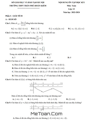 Ôn tập học kì 1 Toán 12 năm 2023 - 2024 trường THPT Trần Phú - Hà Nội