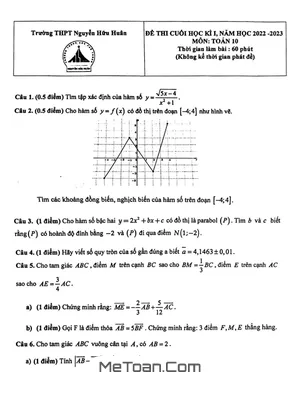Đề thi cuối kì 1 Toán 10 năm 2022 – 2023 trường THPT Nguyễn Hữu Huân – TP HCM