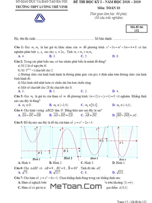 Đề thi học kỳ 1 Toán 10 năm học 2018 - 2019 trường Lương Thế Vinh - Hà Nội