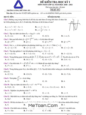 Đề thi học kỳ 1 Toán 12 năm 2020 – 2021 trường Lương Thế Vinh – Hà Nội