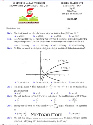 Đề thi học kỳ 1 Toán 12 năm 2017 - 2018 trường THPT Quang Trung - Hà Nội (có đáp án)