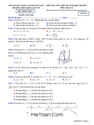 Đề thi giữa HK1 Toán 12 năm 2020 - 2021 trường THPT Trần Cao Vân - Quảng Nam