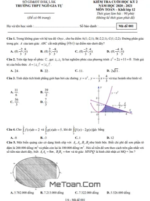 Đề thi cuối học kỳ 2 Toán 12 năm 2020 - 2021 trường THPT Ngô Gia Tự - Đắk Lắk