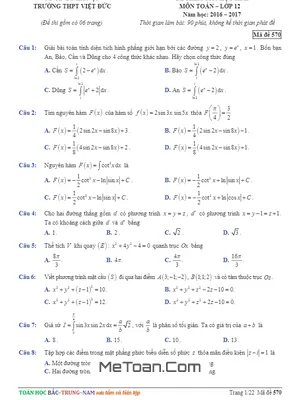 Đề thi HK2 môn Toán lớp 12 năm 2016 - 2017 trường THPT Việt Đức - Hà Nội