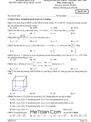 Đề Thi Giữa Kì 2 Toán 11 Năm 2022 - 2023 Trường THPT Trần Quốc Tuấn - Kon Tum